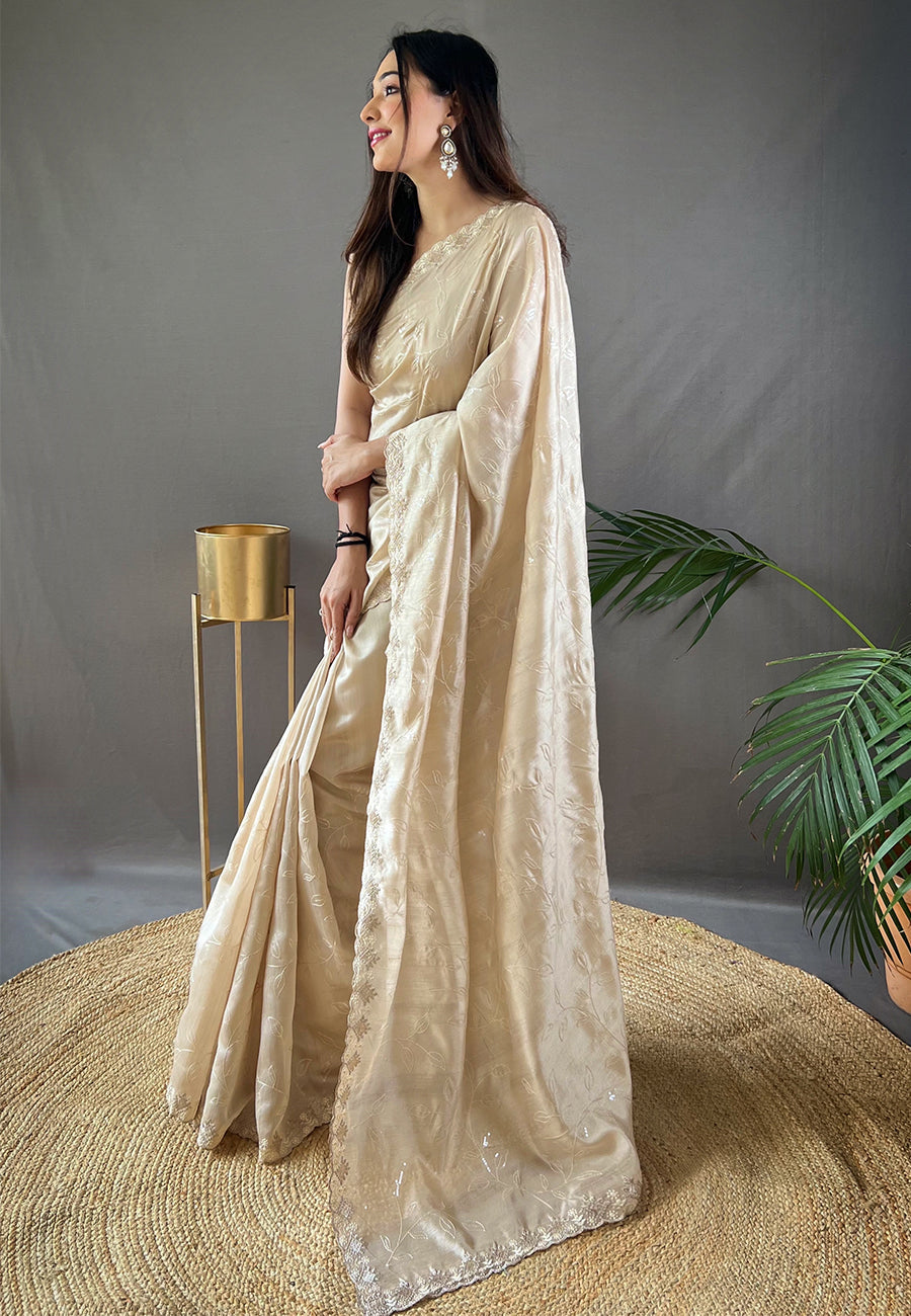 Buy MySilkLove Bison Hide Cream Embroidered Sequins Designer Saree Online