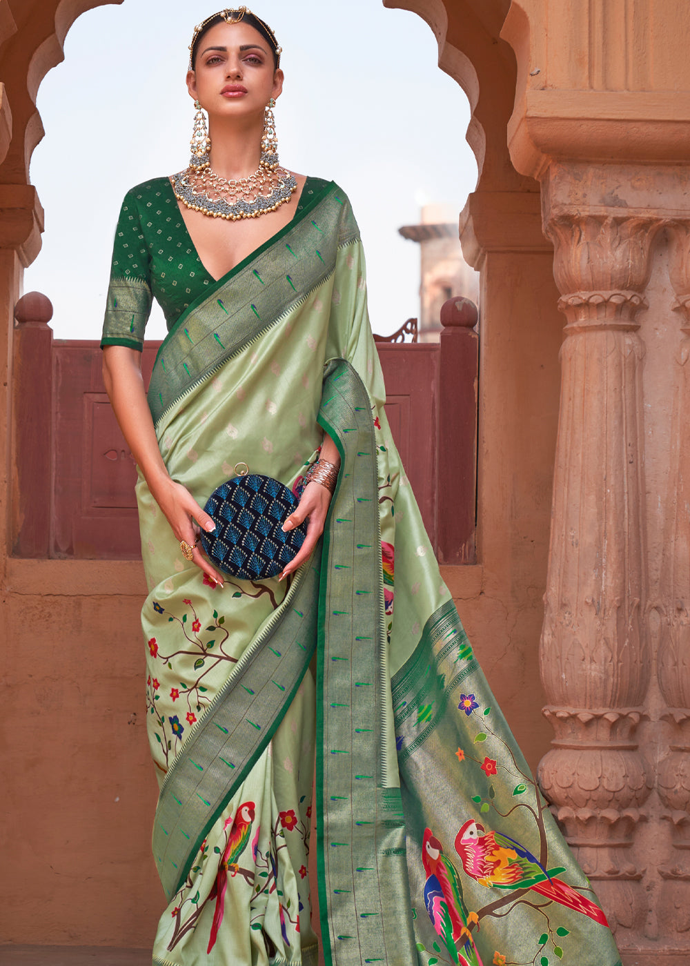 Buy MySilkLove Limed Ash Green Woven Paithani Silk Saree Online