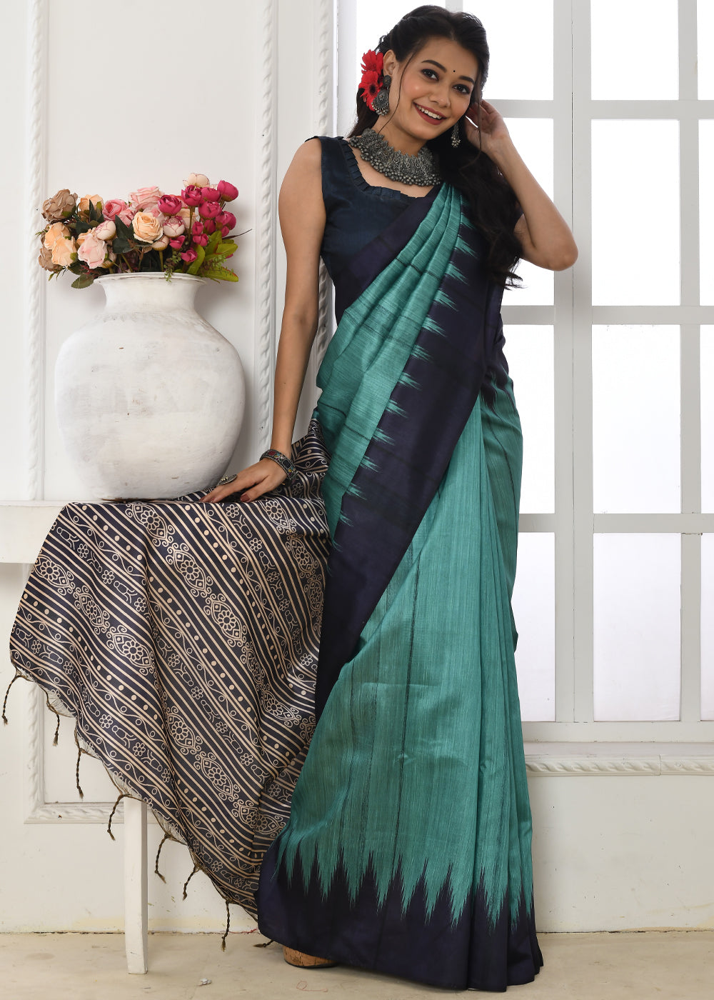 Buy MySilkLove Patina Blue Woven Tussar Ikkat Silk Saree Online