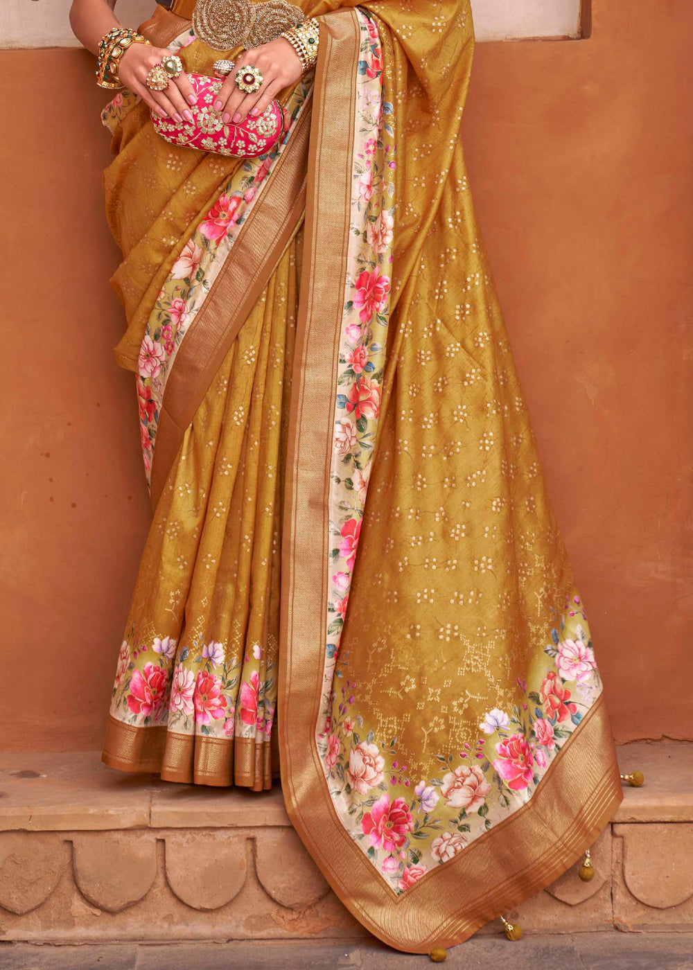 Buy MySilkLove Ochre Yellow Soft Floral Printed Silk Saree Online