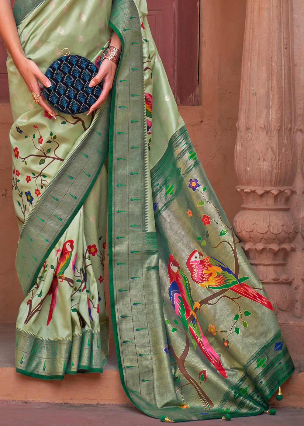 Buy MySilkLove Limed Ash Green Woven Paithani Silk Saree Online