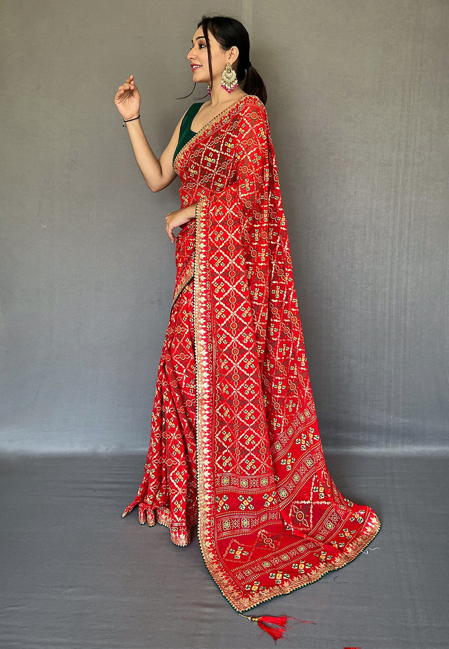 Buy MySilkLove Salmon Pearl Embroidered Georgette Bandhani Saree Online