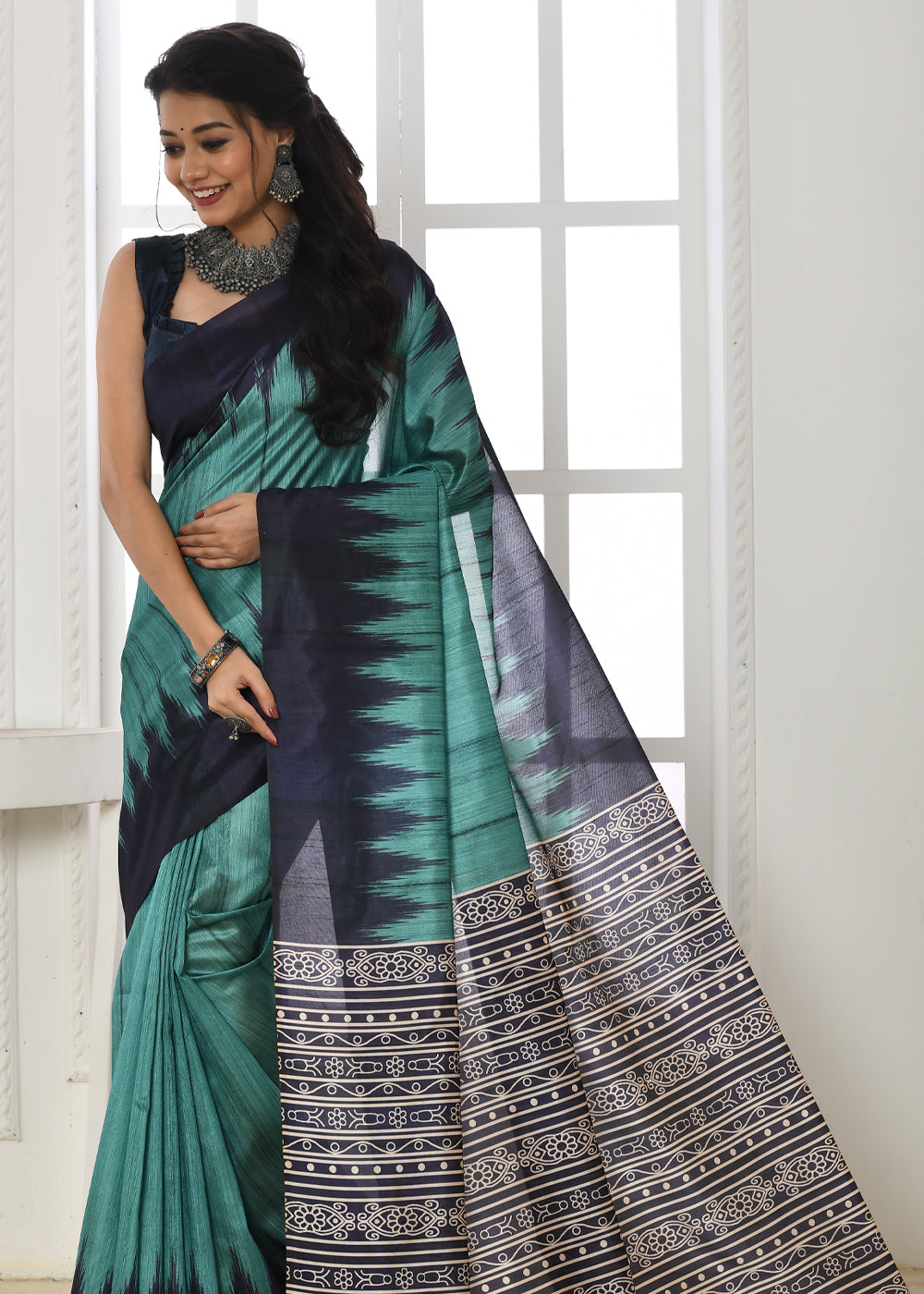 Buy MySilkLove Patina Blue Woven Tussar Ikkat Silk Saree Online