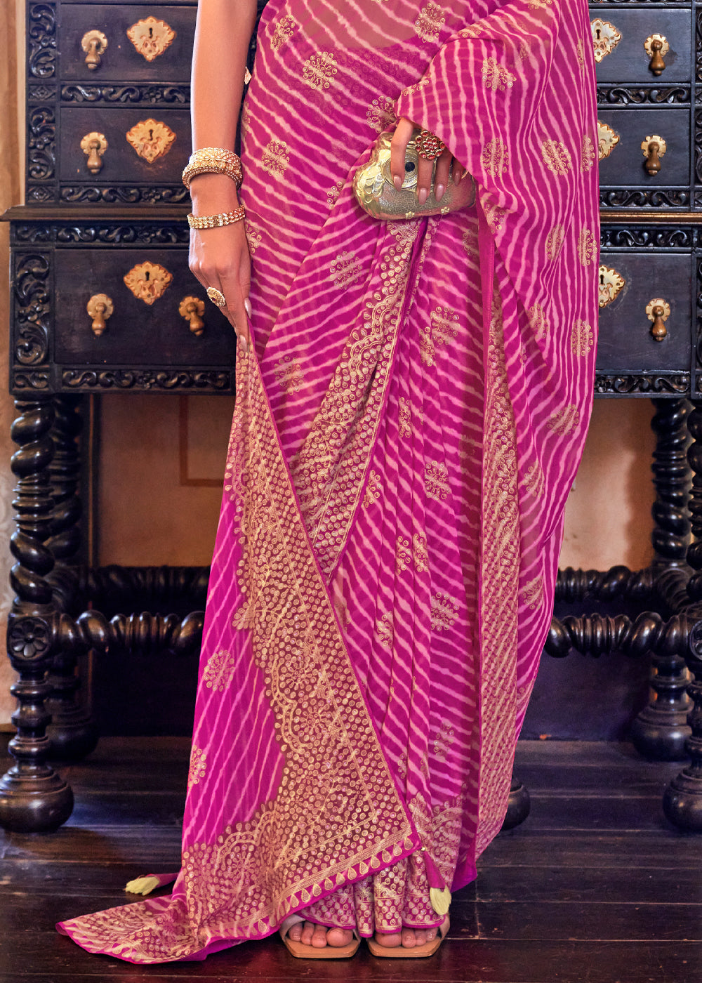 Buy MySilkLove Brilliant Rose Pink Lehariya Georgette Silk Saree Online