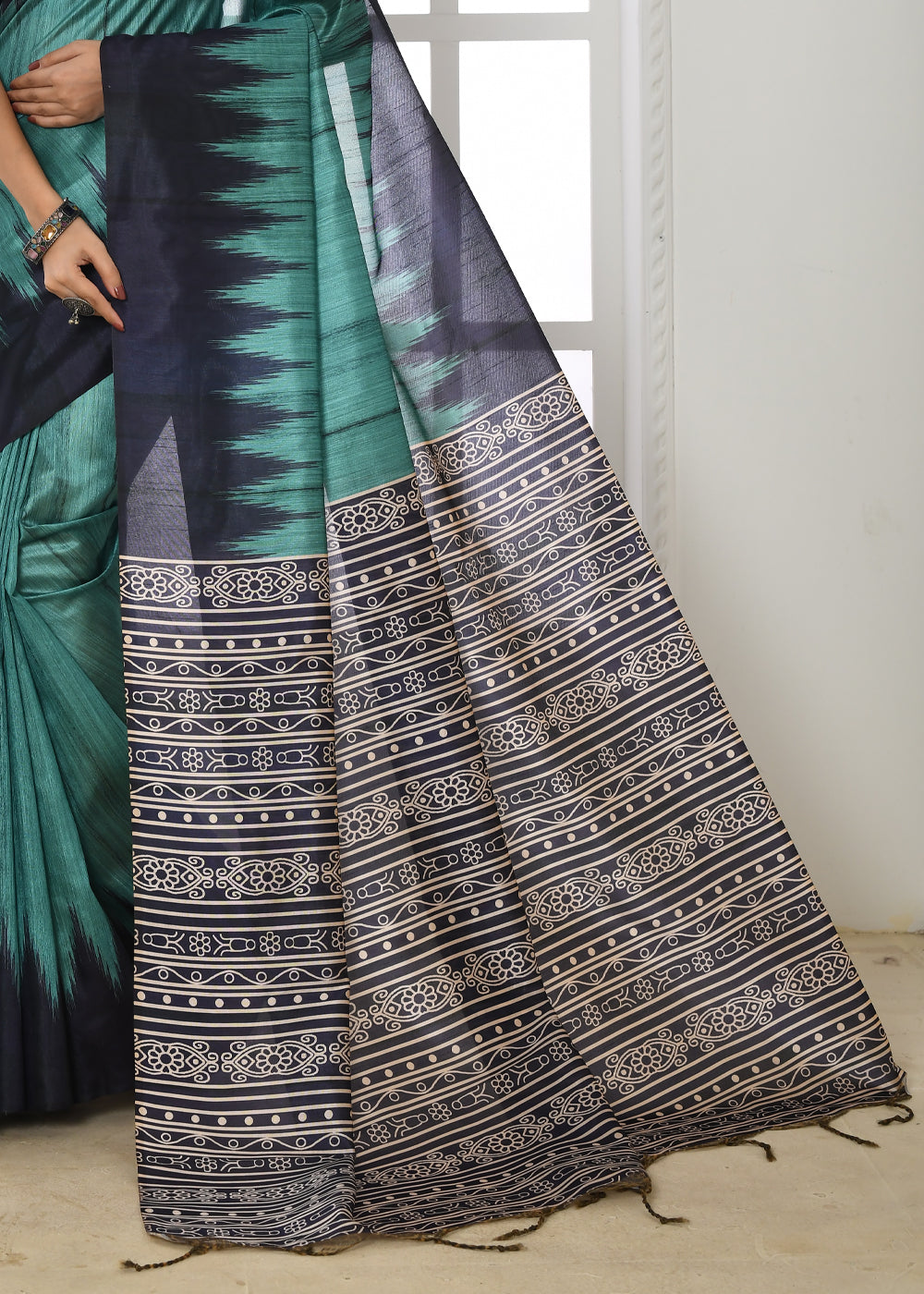 Buy MySilkLove Patina Blue Woven Tussar Ikkat Silk Saree Online