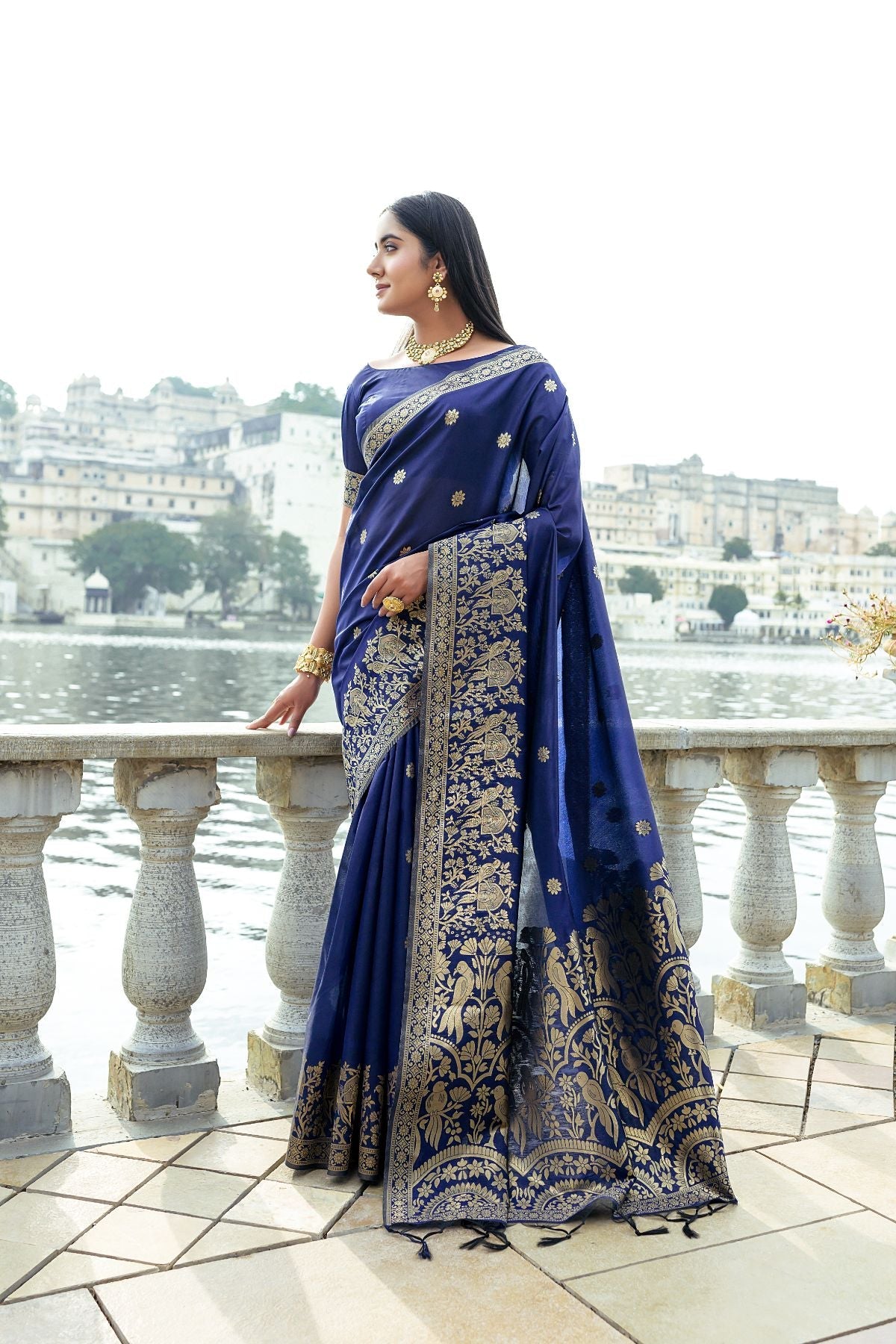 Buy MySilkLove Cloud Burst Blue Banarasi Soft Silk Saree Online