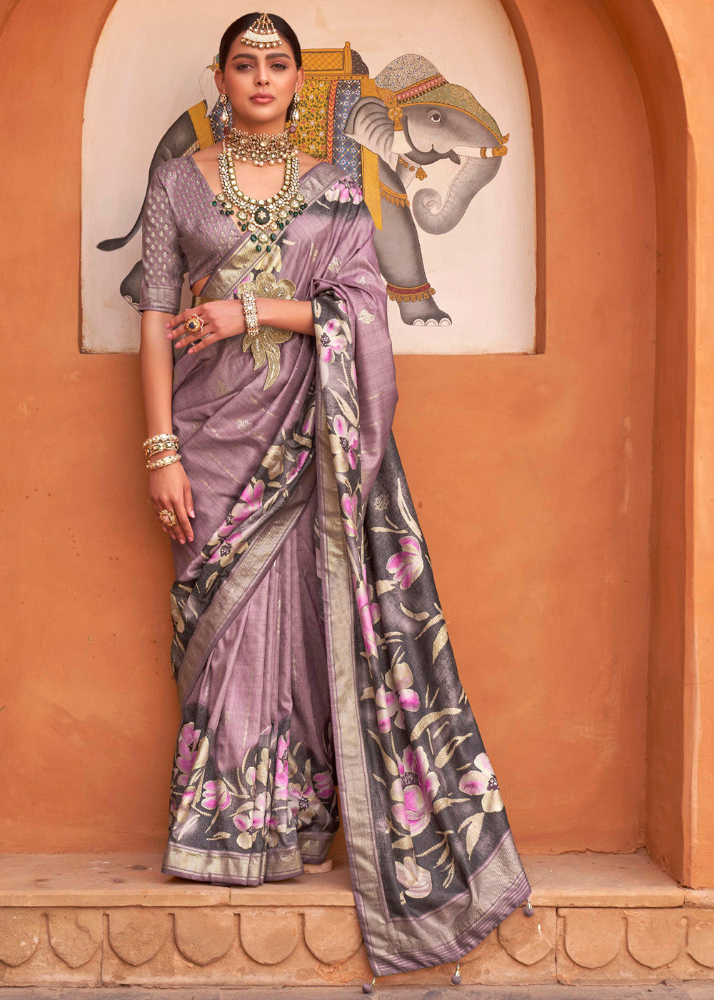 Buy MySilkLove Brandy Rose Purple Soft Floral Printed Silk Saree Online