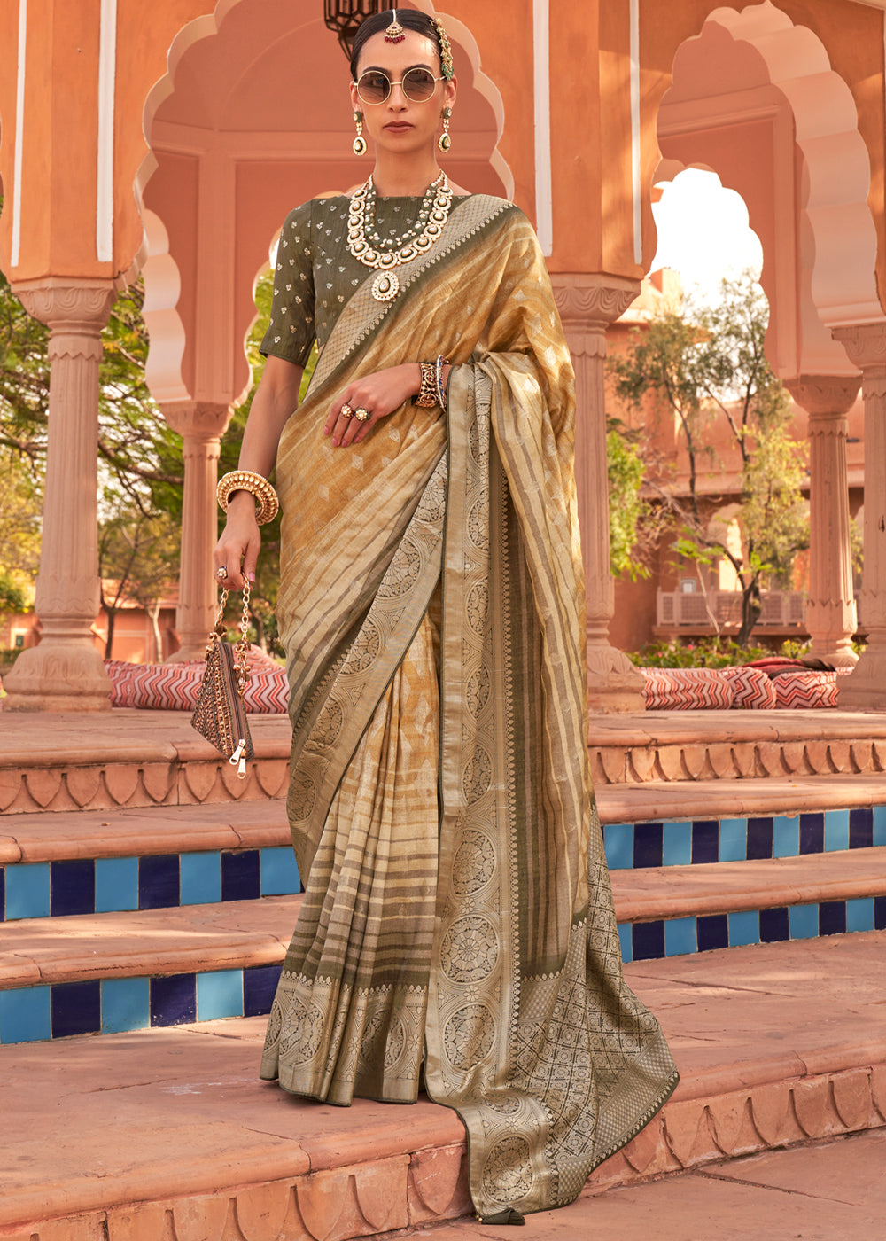 Buy MySilkLove Twine Golden Woven Soft Textured Printed Silk Saree Online