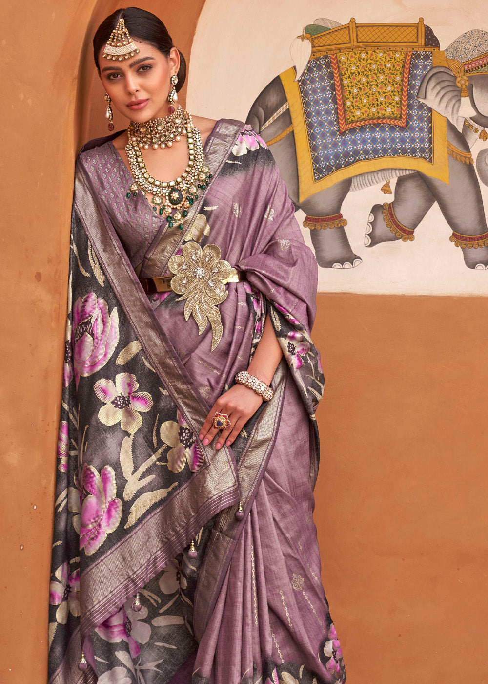 Buy MySilkLove Brandy Rose Purple Soft Floral Printed Silk Saree Online