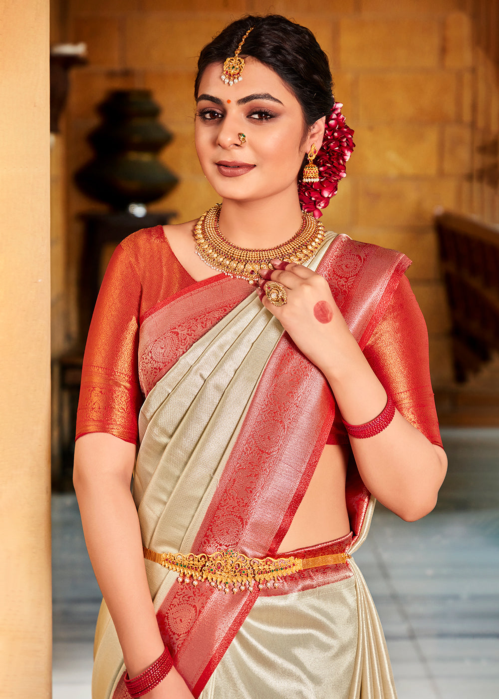 Buy MySilkLove Akaroa White and Red Zari Woven Kanjivaram Saree Online