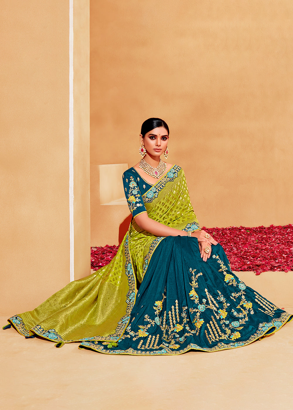 Buy MySilkLove Cyprus Blue and Green Embroidered Banarasi Silk Saree Online