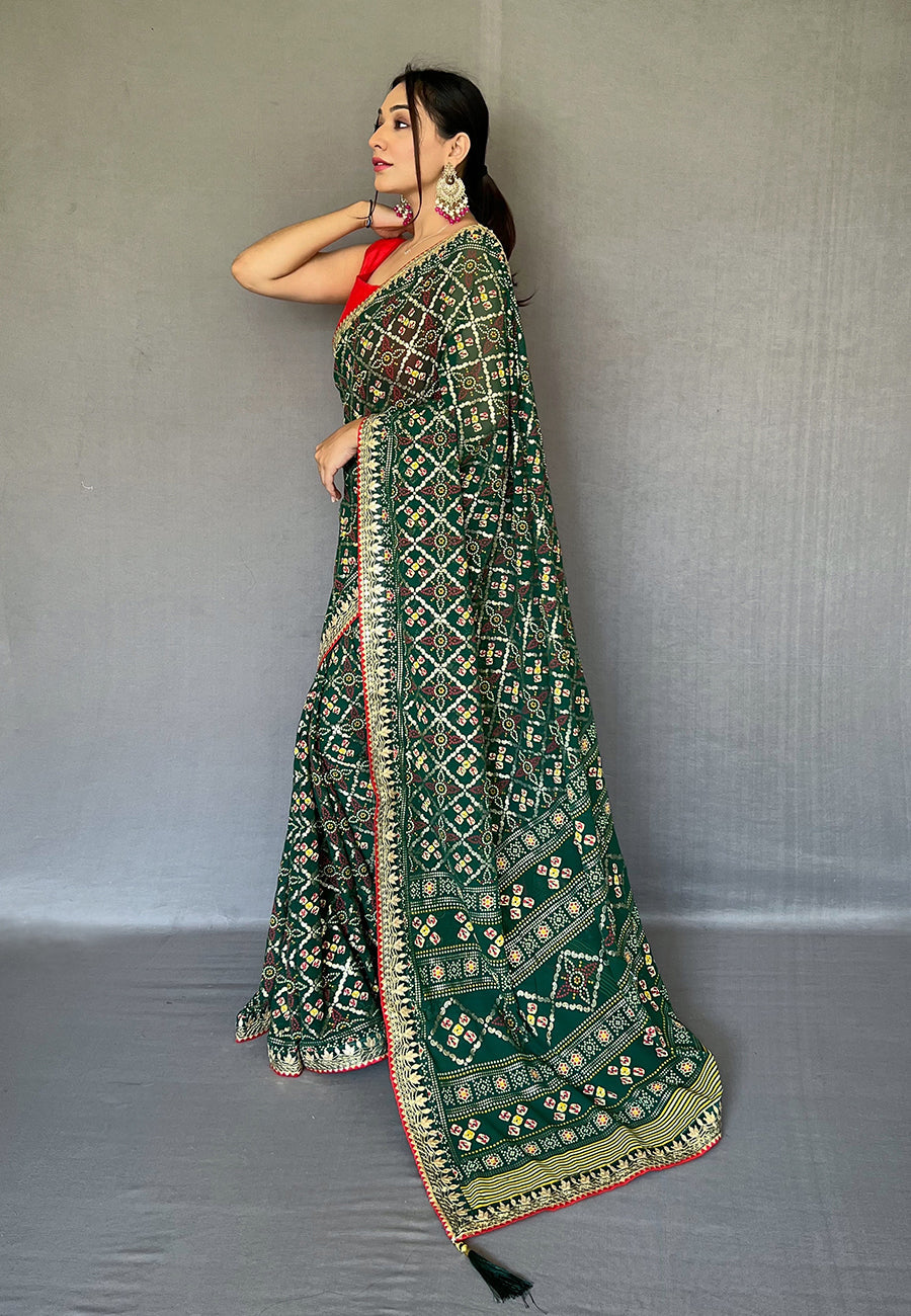 Buy MySilkLove Stromboli Green Embroidered Georgette Bandhani Saree Online