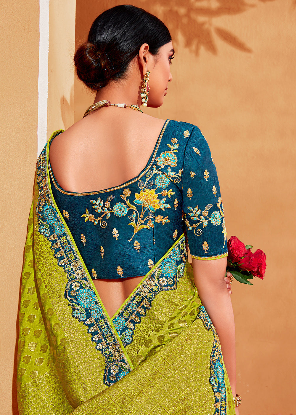 Buy MySilkLove Cyprus Blue and Green Embroidered Banarasi Silk Saree Online
