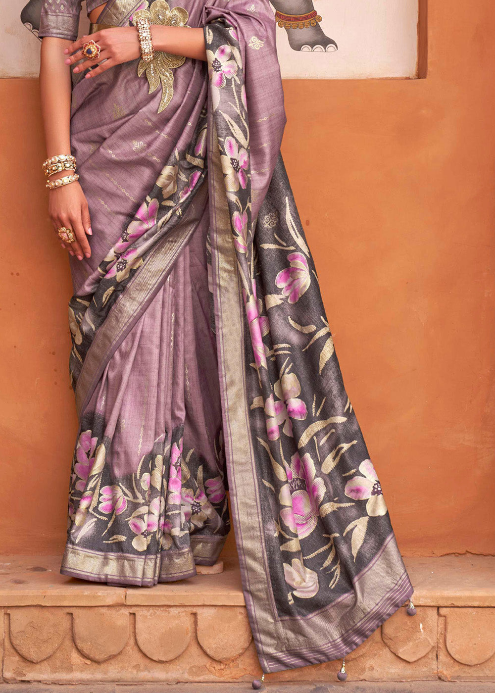 Buy MySilkLove Brandy Rose Purple Soft Floral Printed Silk Saree Online