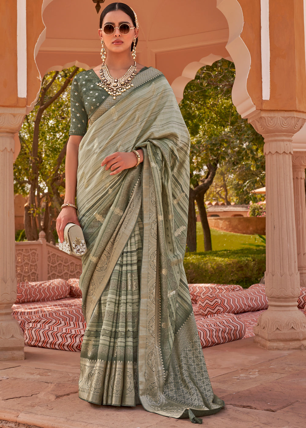 Buy MySilkLove Clay Creek Green Woven Soft Textured Printed Silk Saree Online