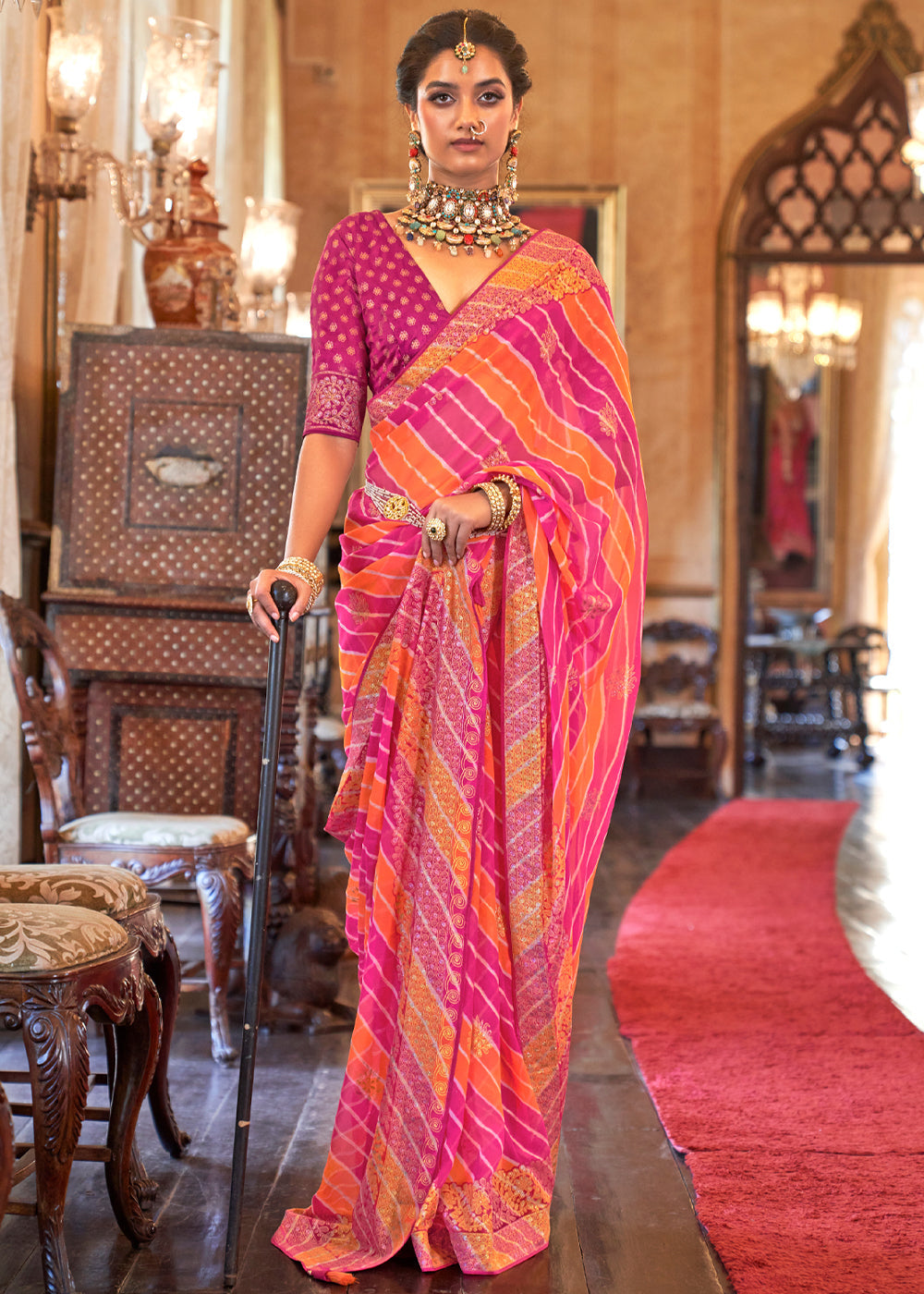 Buy MySilkLove Sunglo Pink and Orange Lehariya Georgette Silk Saree Online