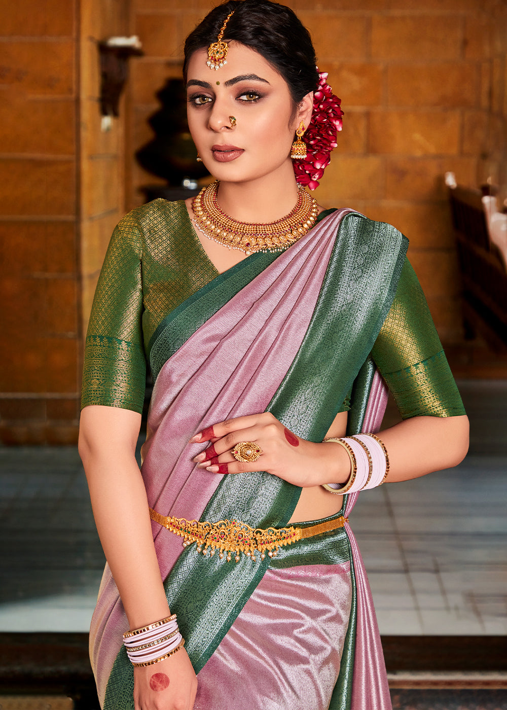 Buy MySilkLove Oriental Pink and Green Handloom Woven Kanjivaram Saree Online