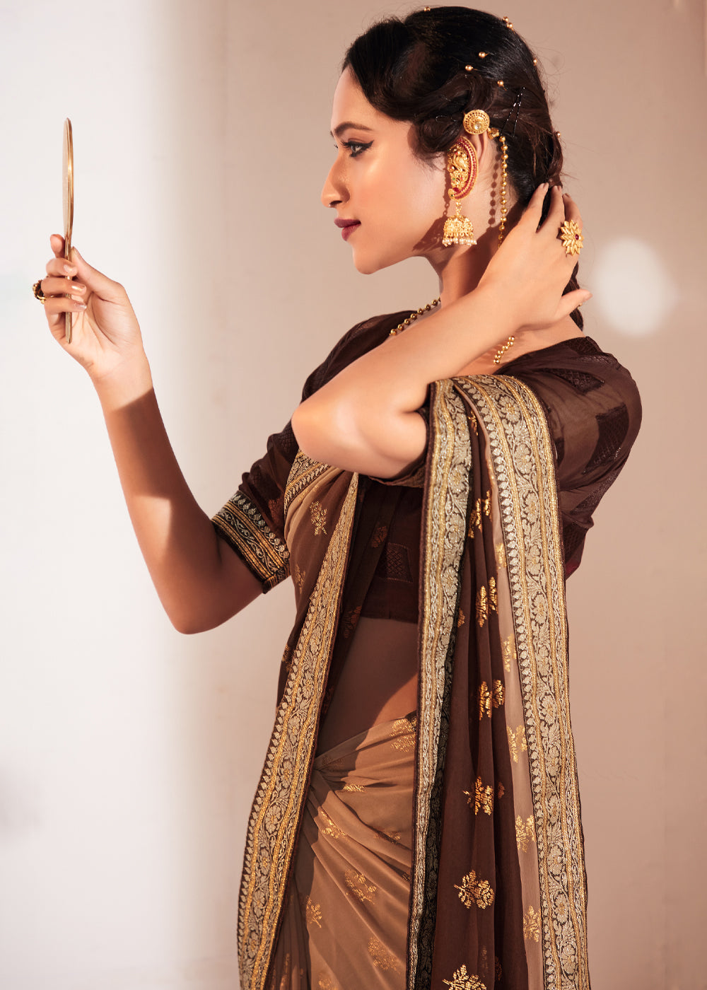 Buy MySilkLove Copper Penny Brown Woven Georgette Silk Saree Online