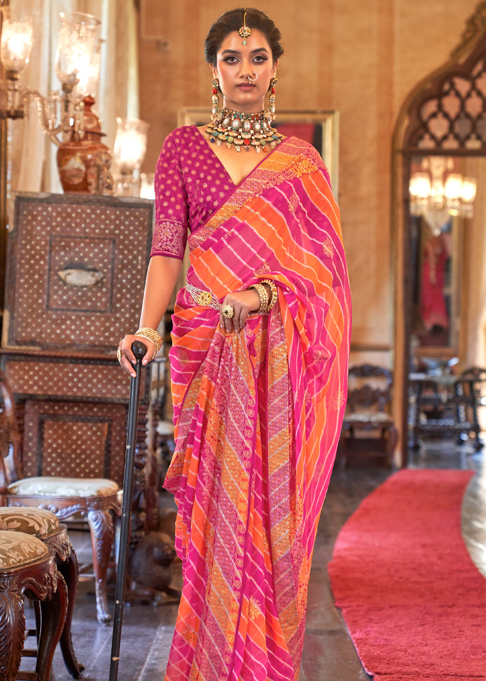 Buy MySilkLove Sunglo Pink and Orange Lehariya Georgette Silk Saree Online