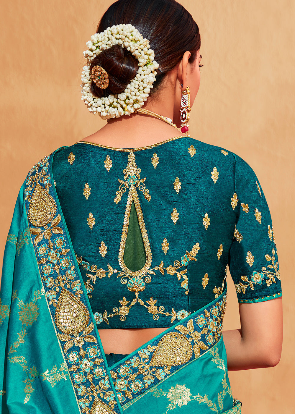 Buy MySilkLove Metallic Seaweed Blue Embroidered Banarasi Silk Saree Online