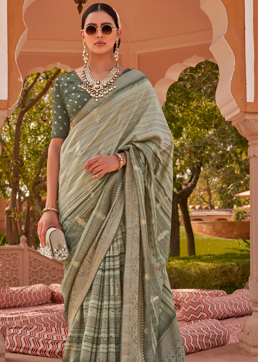 Buy MySilkLove Clay Creek Green Woven Soft Textured Printed Silk Saree Online