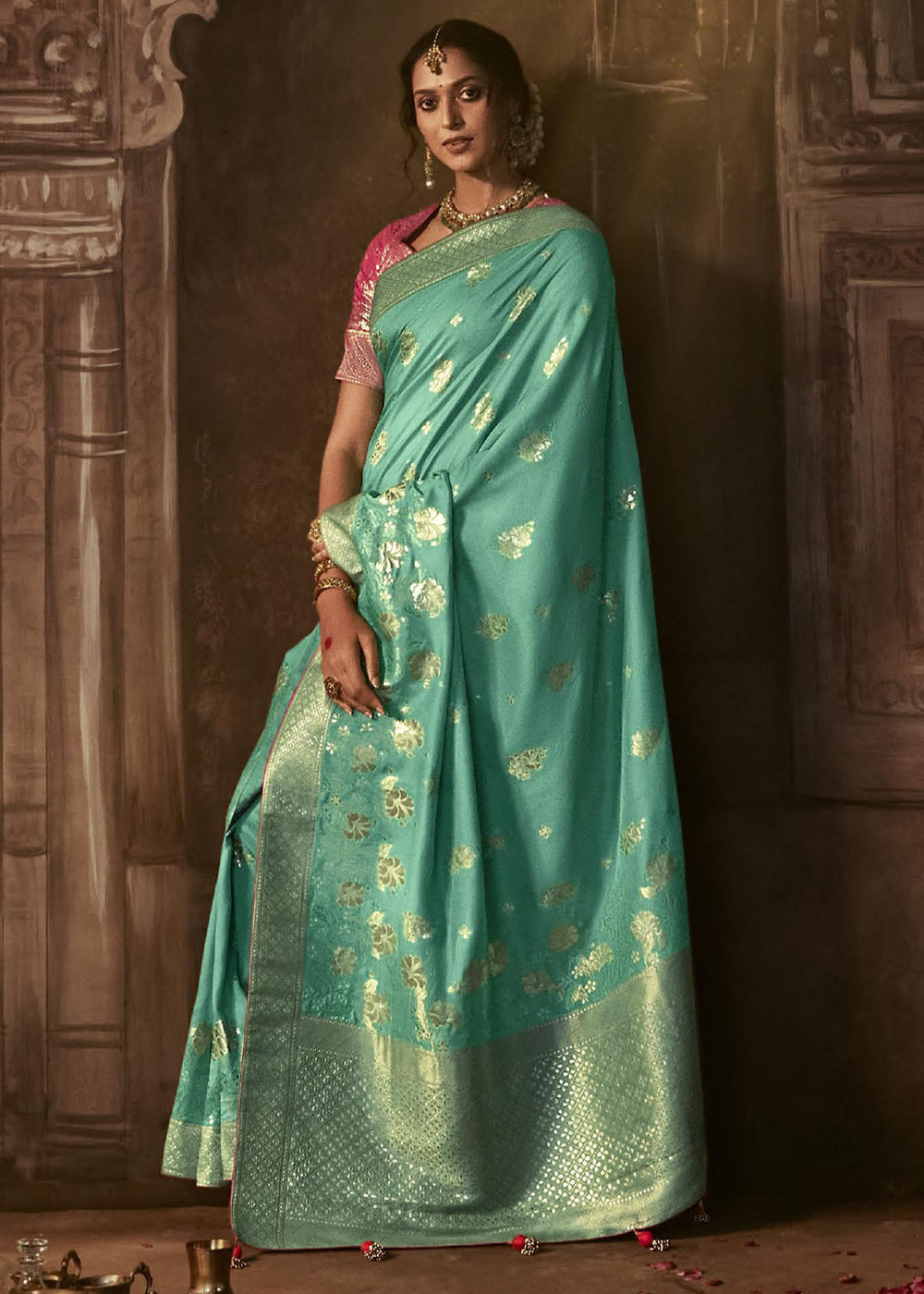 Buy MySilkLove Patina Green Woven Designer Banarasi Silk Saree Online