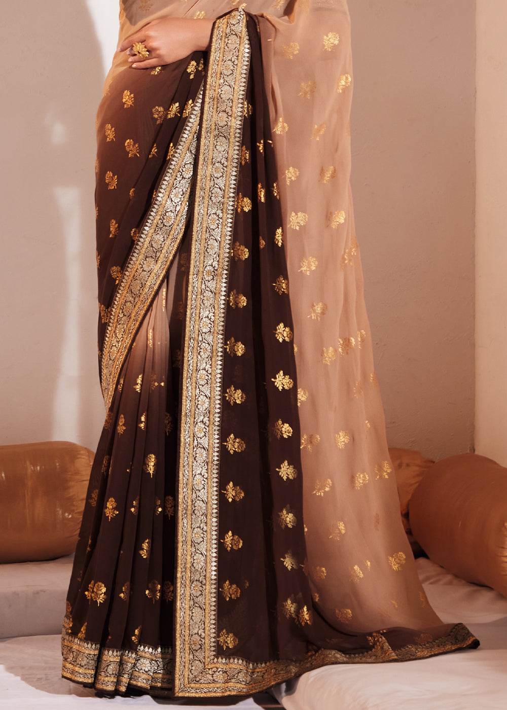 Buy MySilkLove Copper Penny Brown Woven Georgette Silk Saree Online