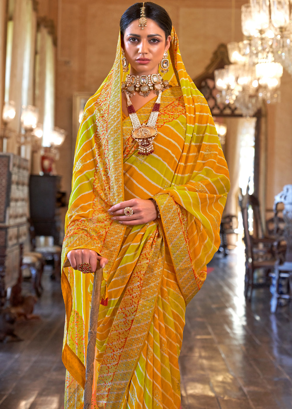 Buy MySilkLove Fuel Yellow Lehariya Georgette Silk Saree Online