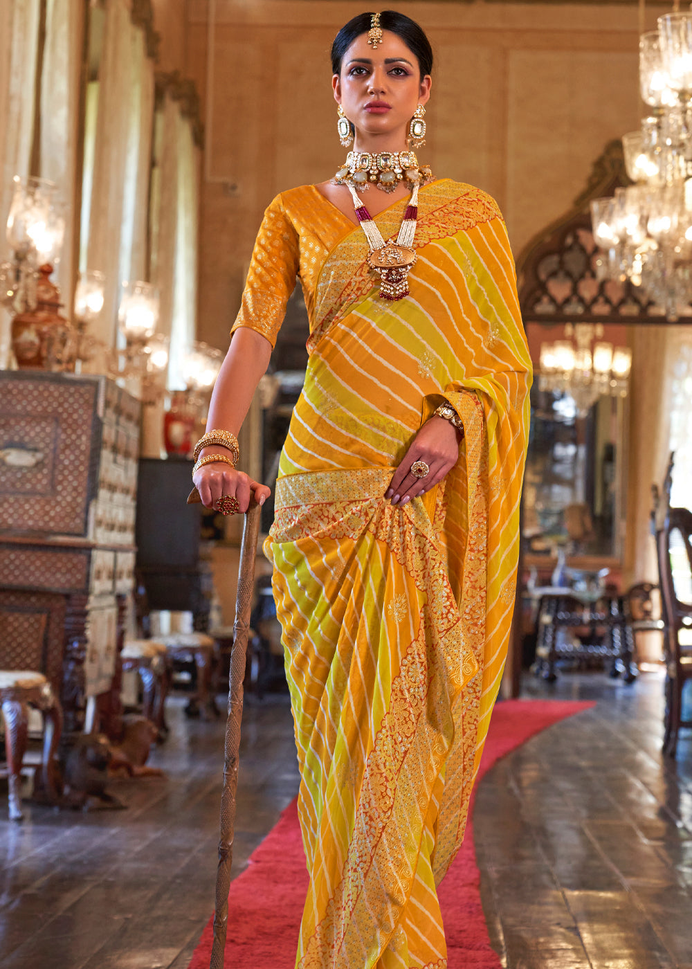 Buy MySilkLove Fuel Yellow Lehariya Georgette Silk Saree Online