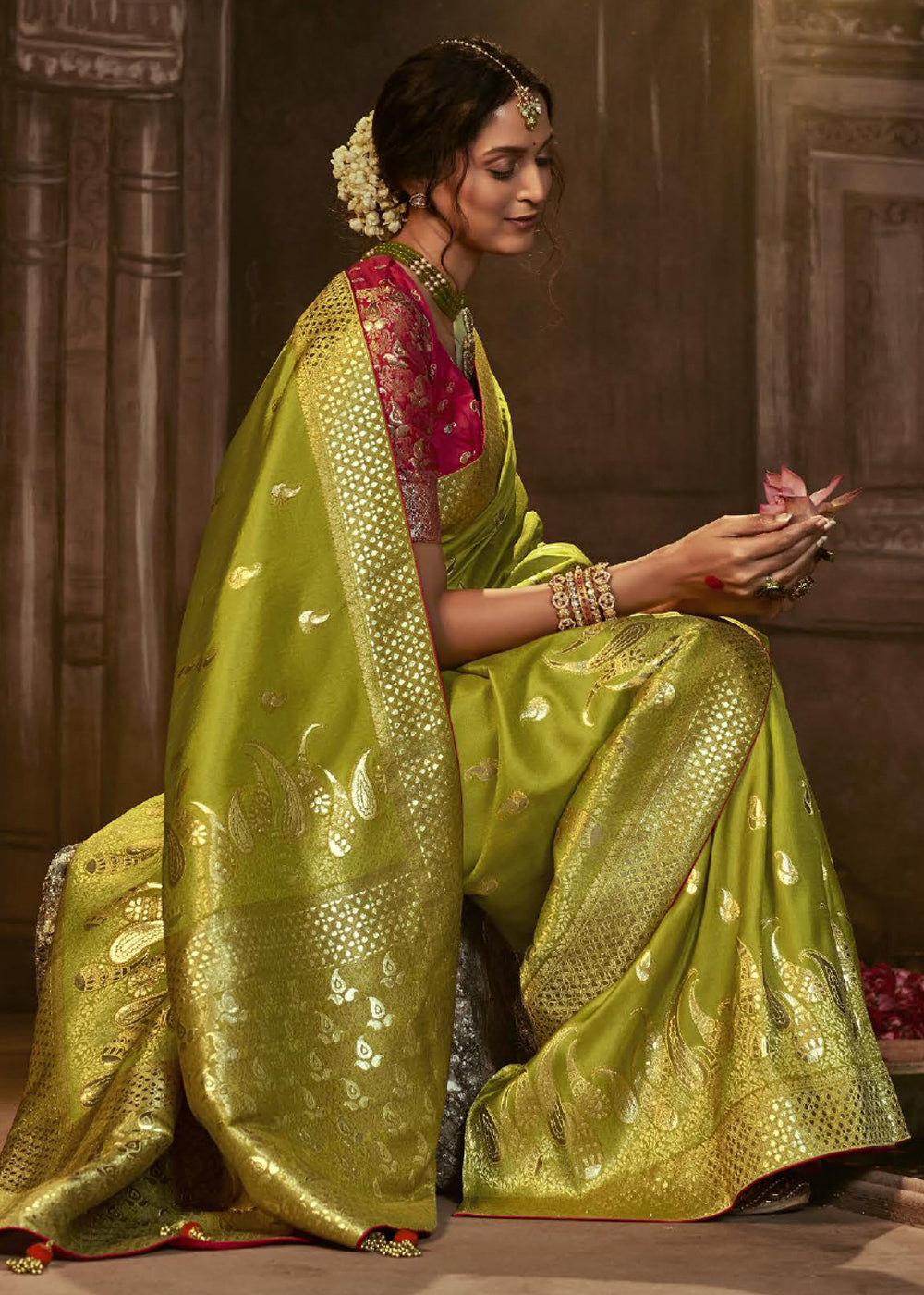 MySilkLove Reef Gold Green Woven Designer Banarasi Silk Saree