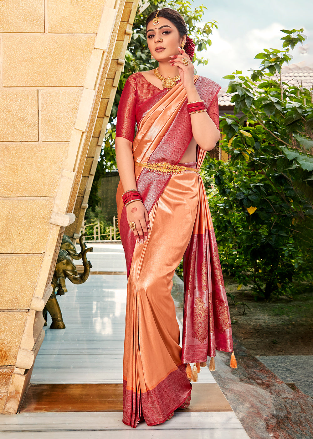 Buy MySilkLove Hit Orange and Red Zari Woven Kanjivaram Saree Online