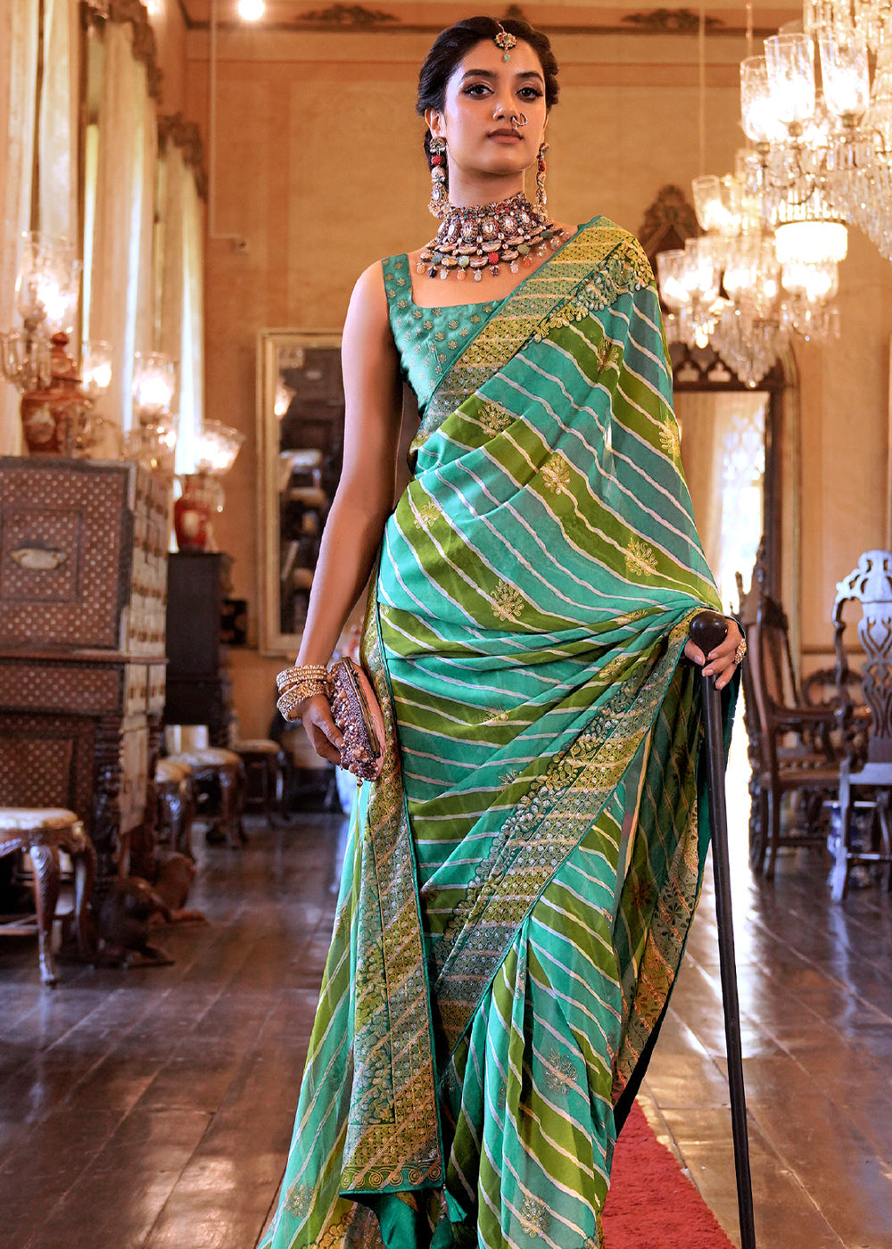 MySilkLove Tradewind Green Lehariya Georgette Silk Saree