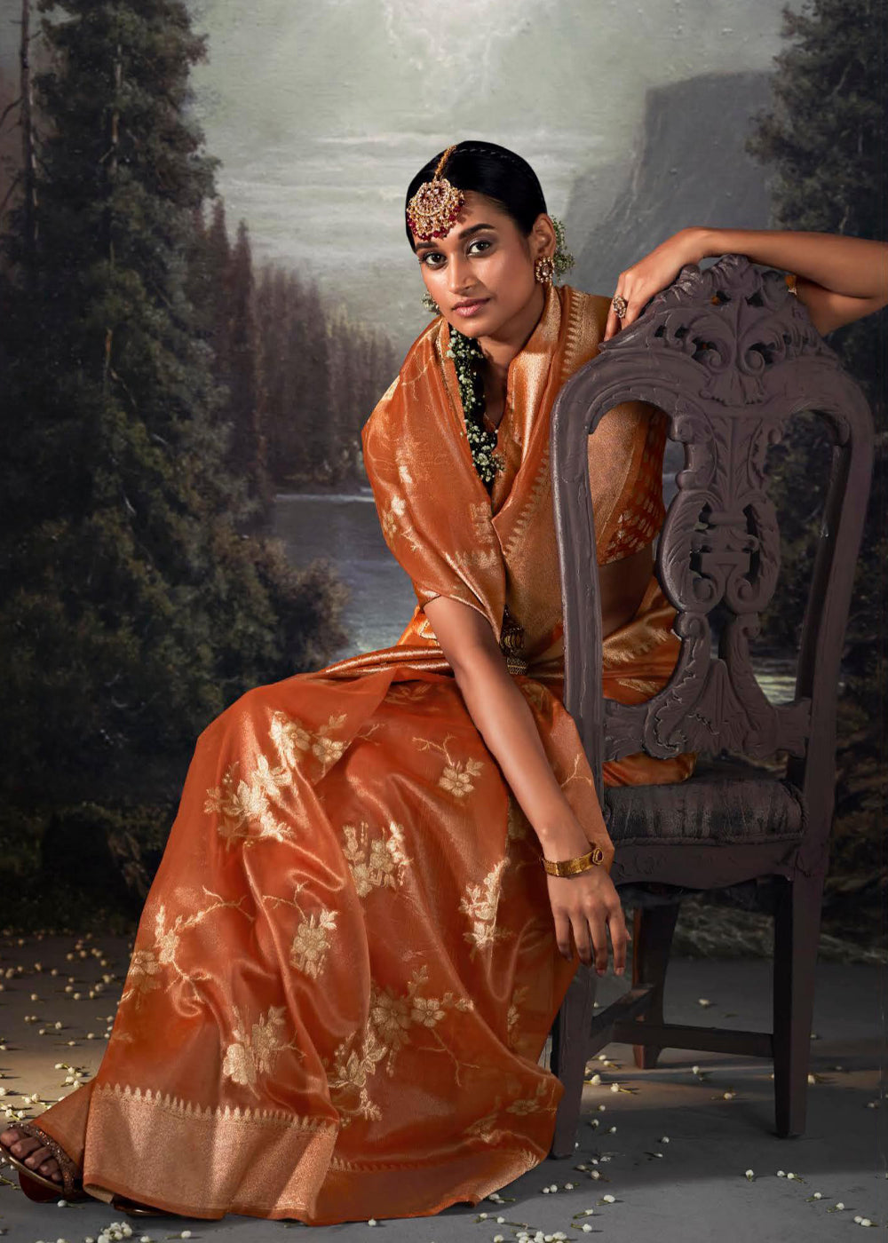 Buy MySilkLove Chardonnay Orange Woven Banarasi Organza Silk Saree Online