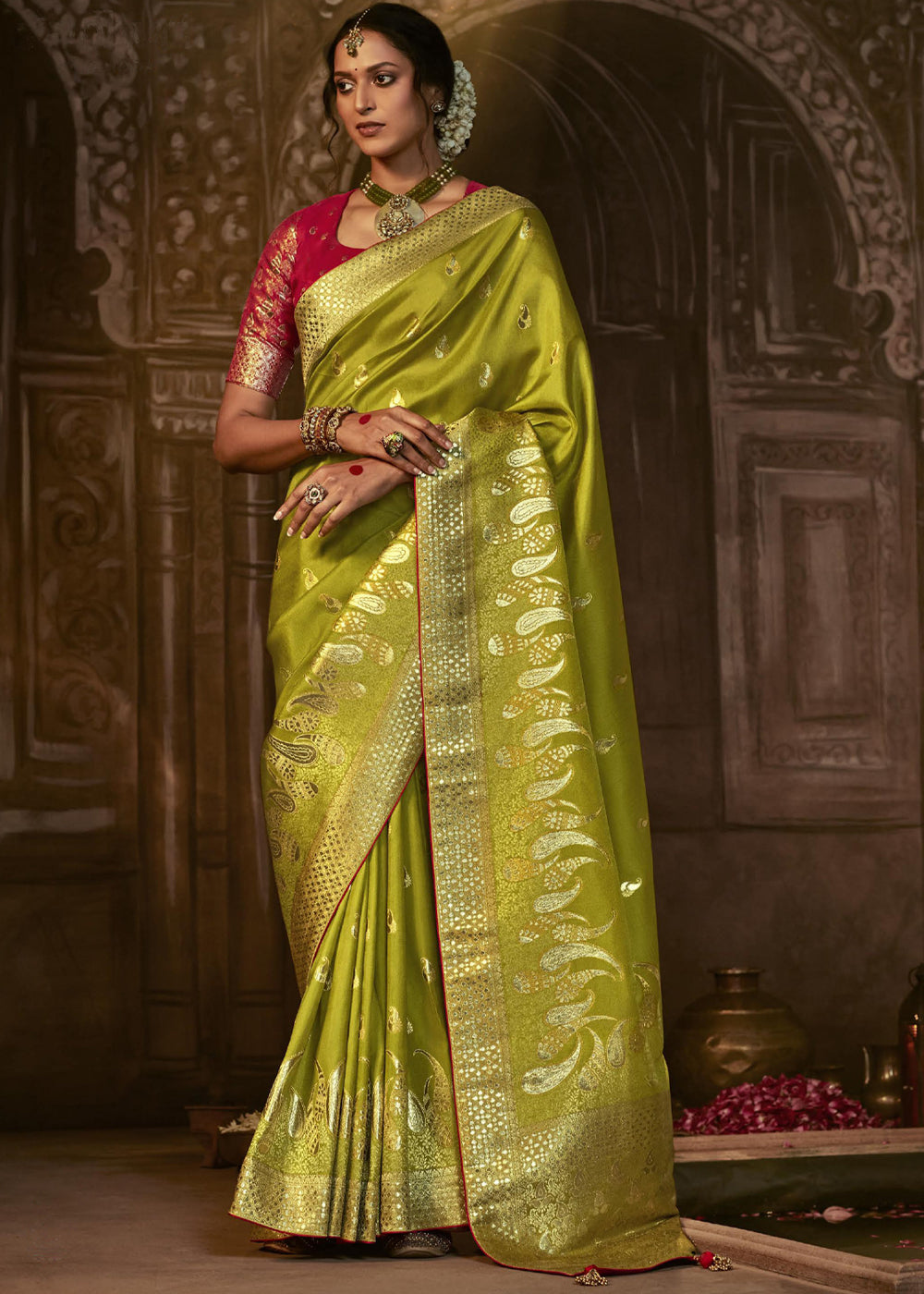 Buy MySilkLove Reef Gold Green Woven Designer Banarasi Silk Saree Online
