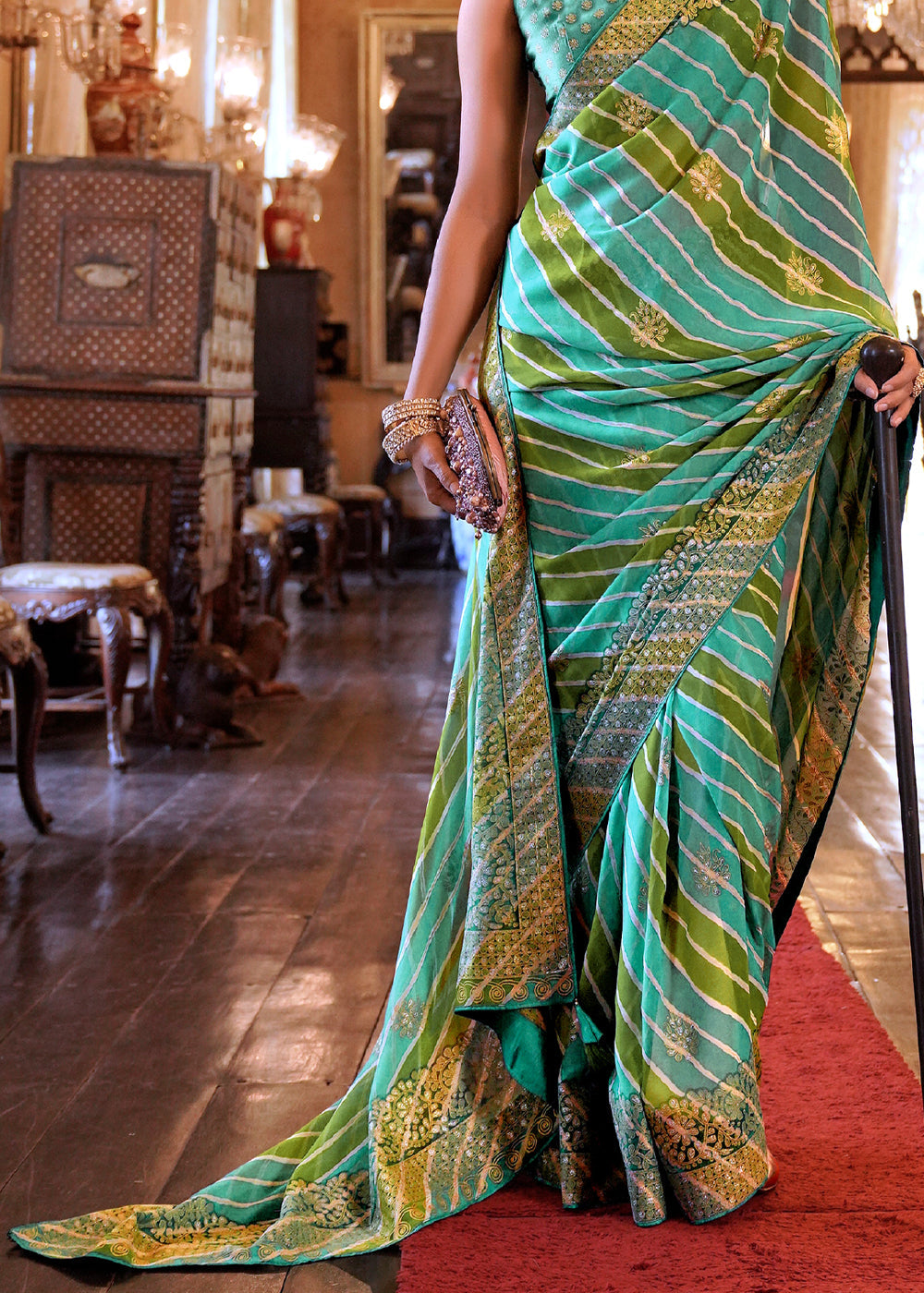 Buy MySilkLove Tradewind Green Lehariya Georgette Silk Saree Online