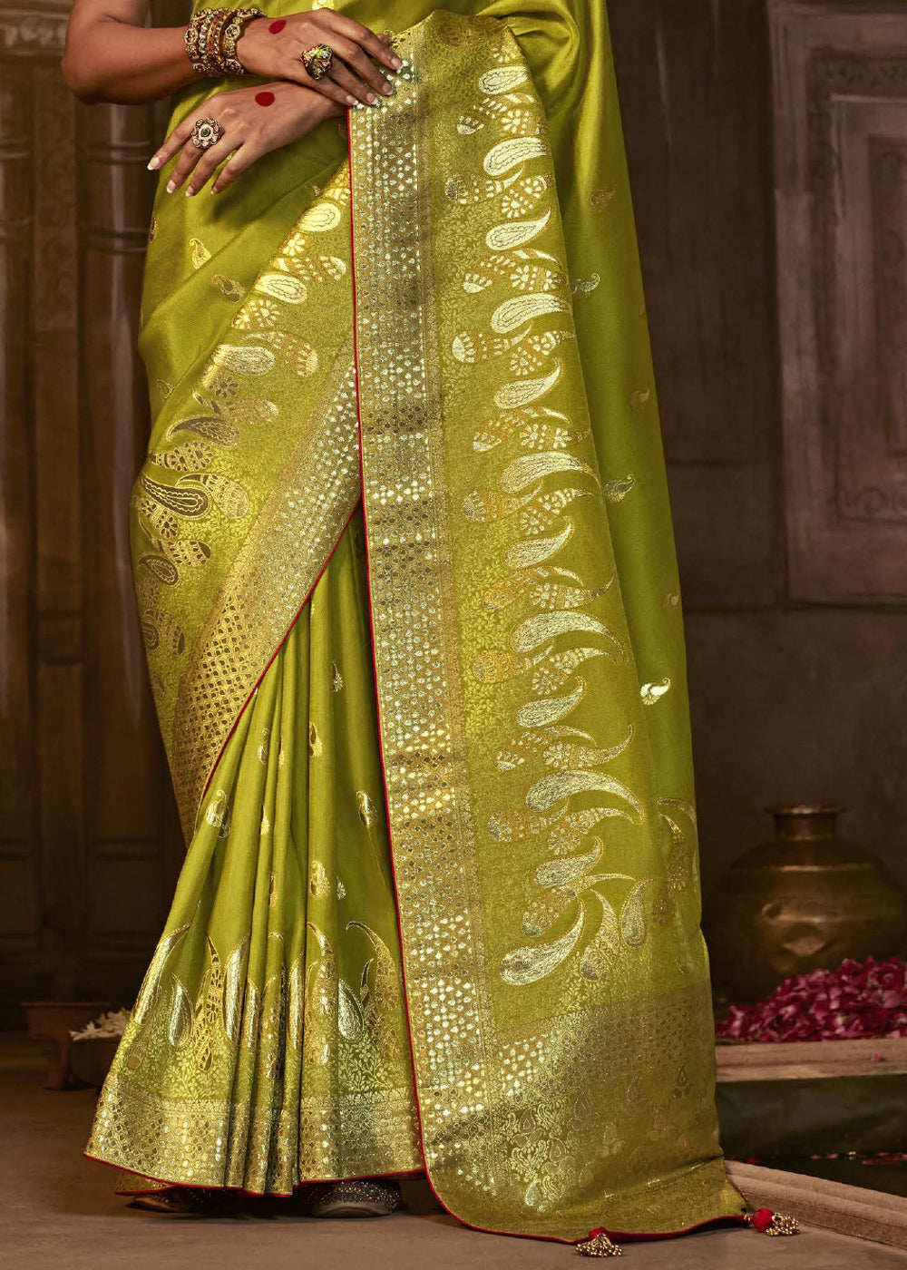 Buy MySilkLove Reef Gold Green Woven Designer Banarasi Silk Saree Online