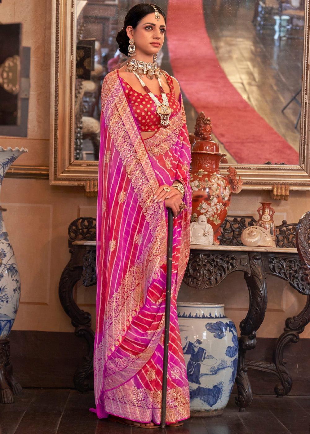 Buy MySilkLove Cardinal Red and Pink Lehariya Georgette Silk Saree Online