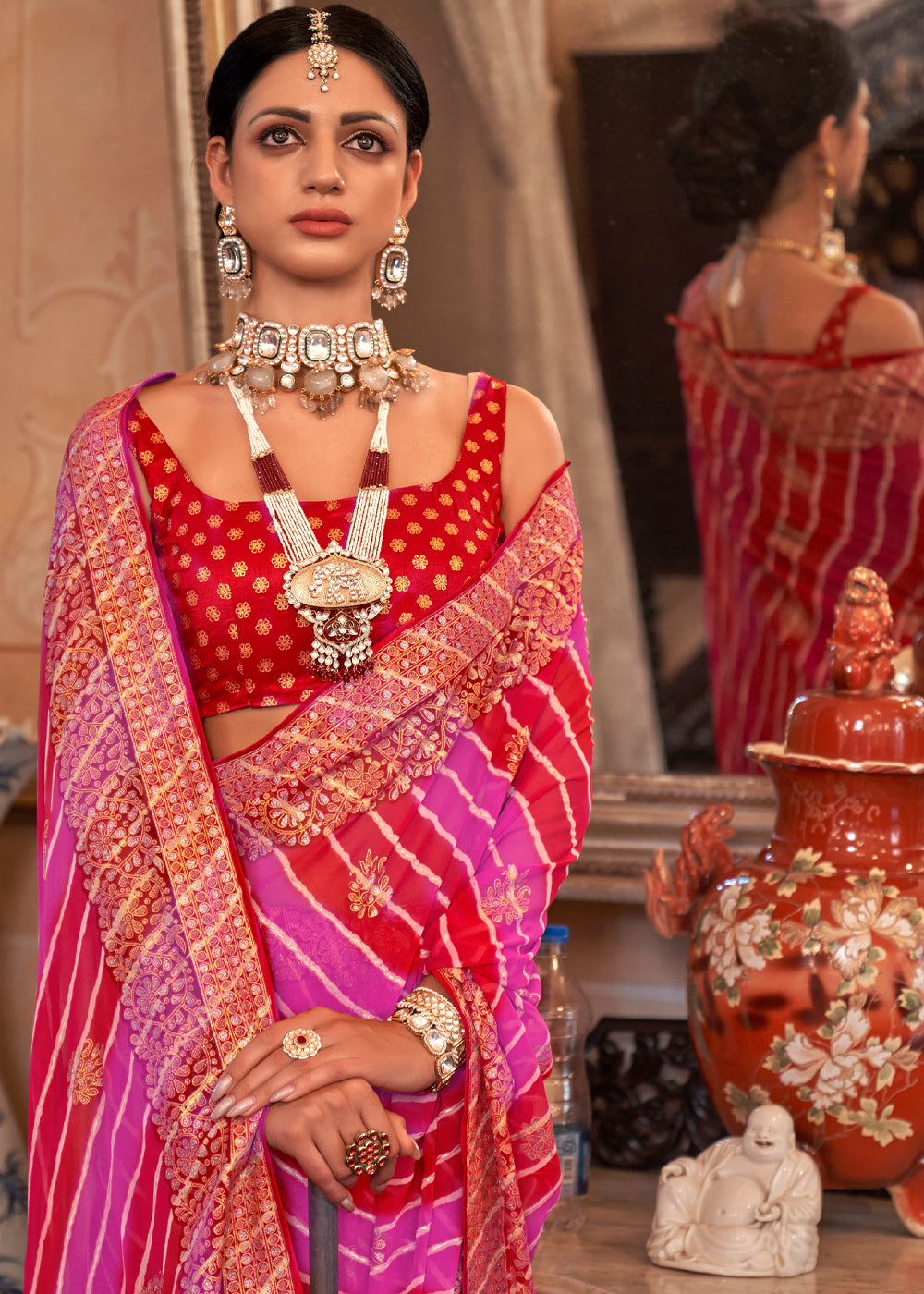 Buy MySilkLove Cardinal Red and Pink Lehariya Georgette Silk Saree Online