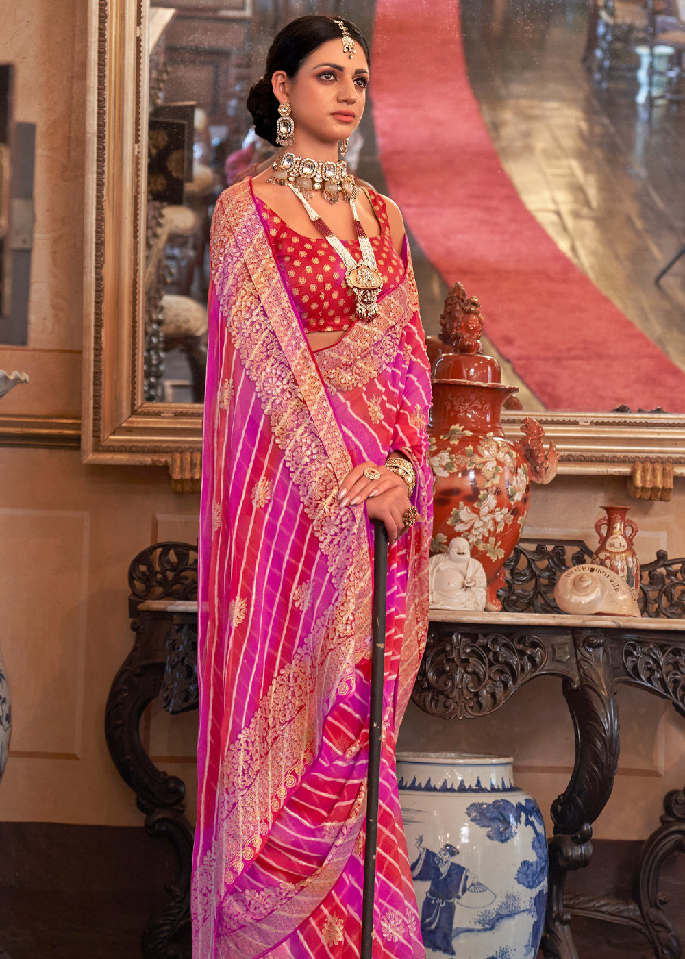 Buy MySilkLove Cardinal Red and Pink Lehariya Georgette Silk Saree Online