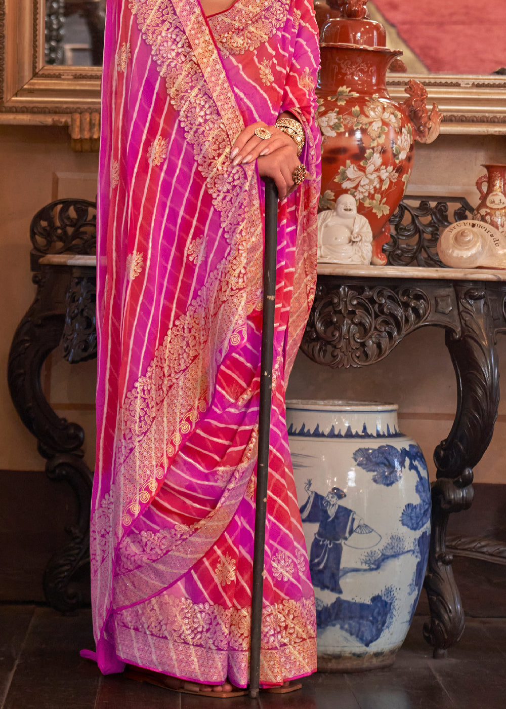 Buy MySilkLove Cardinal Red and Pink Lehariya Georgette Silk Saree Online