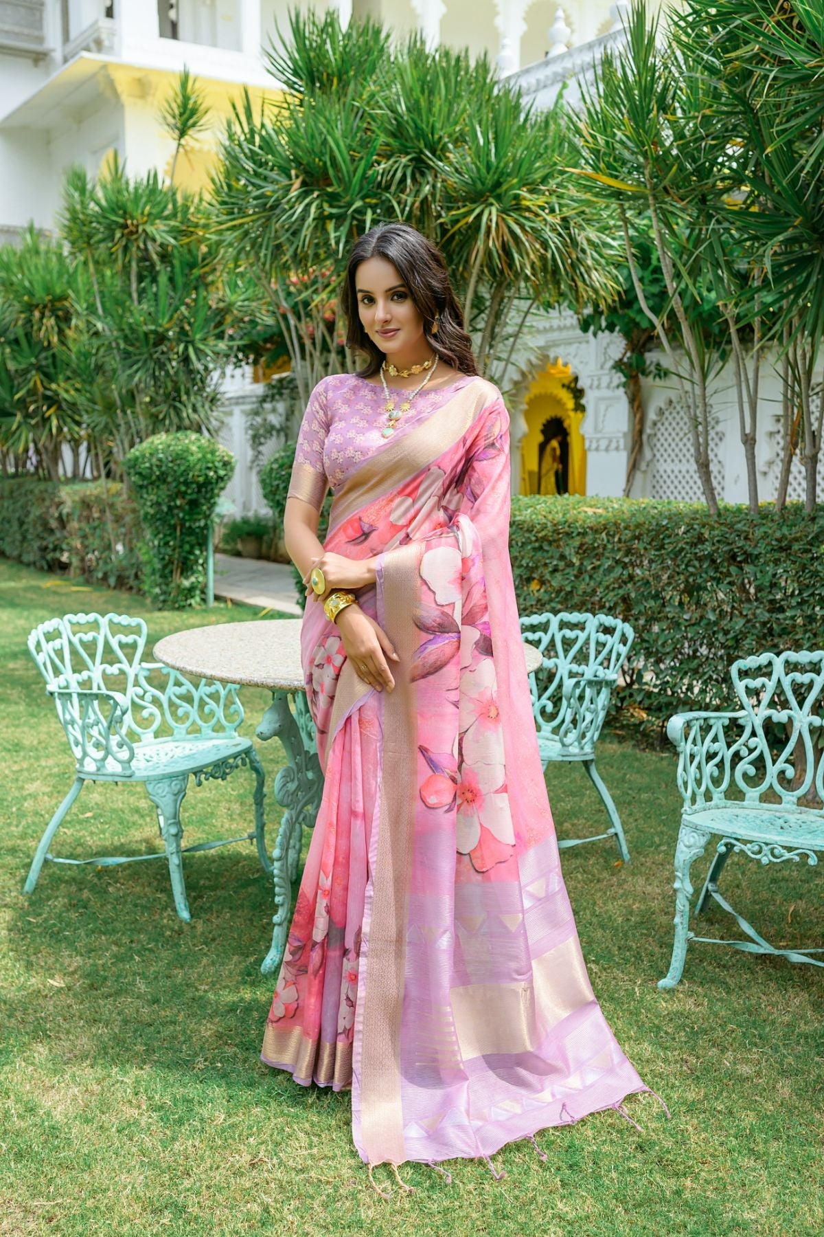 Buy MySilkLove Pink Salmon Printed Cotton Saree Online