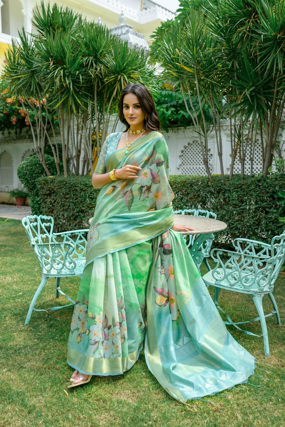 Buy MySilkLove Ocean Green Printed Cotton Saree Online