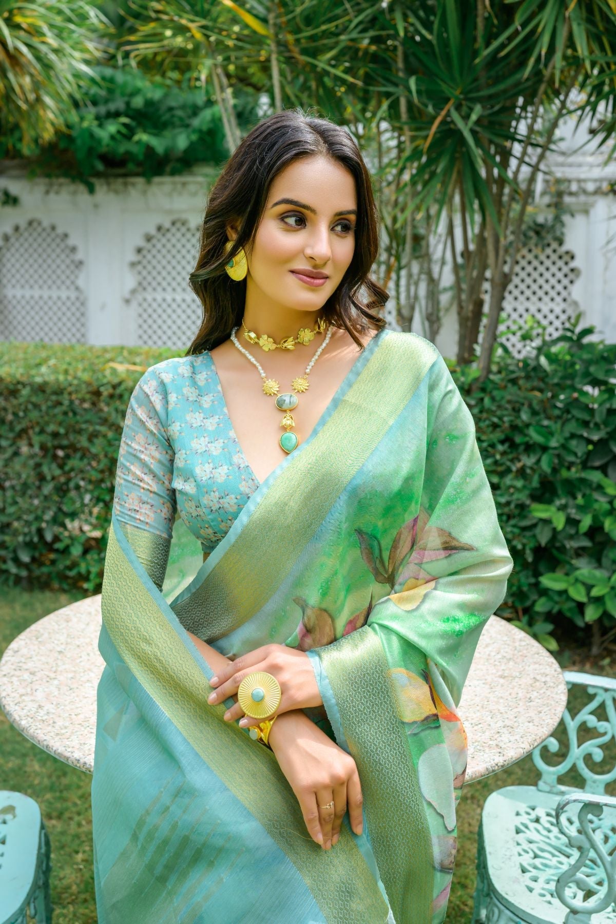 Buy MySilkLove Ocean Green Printed Cotton Saree Online