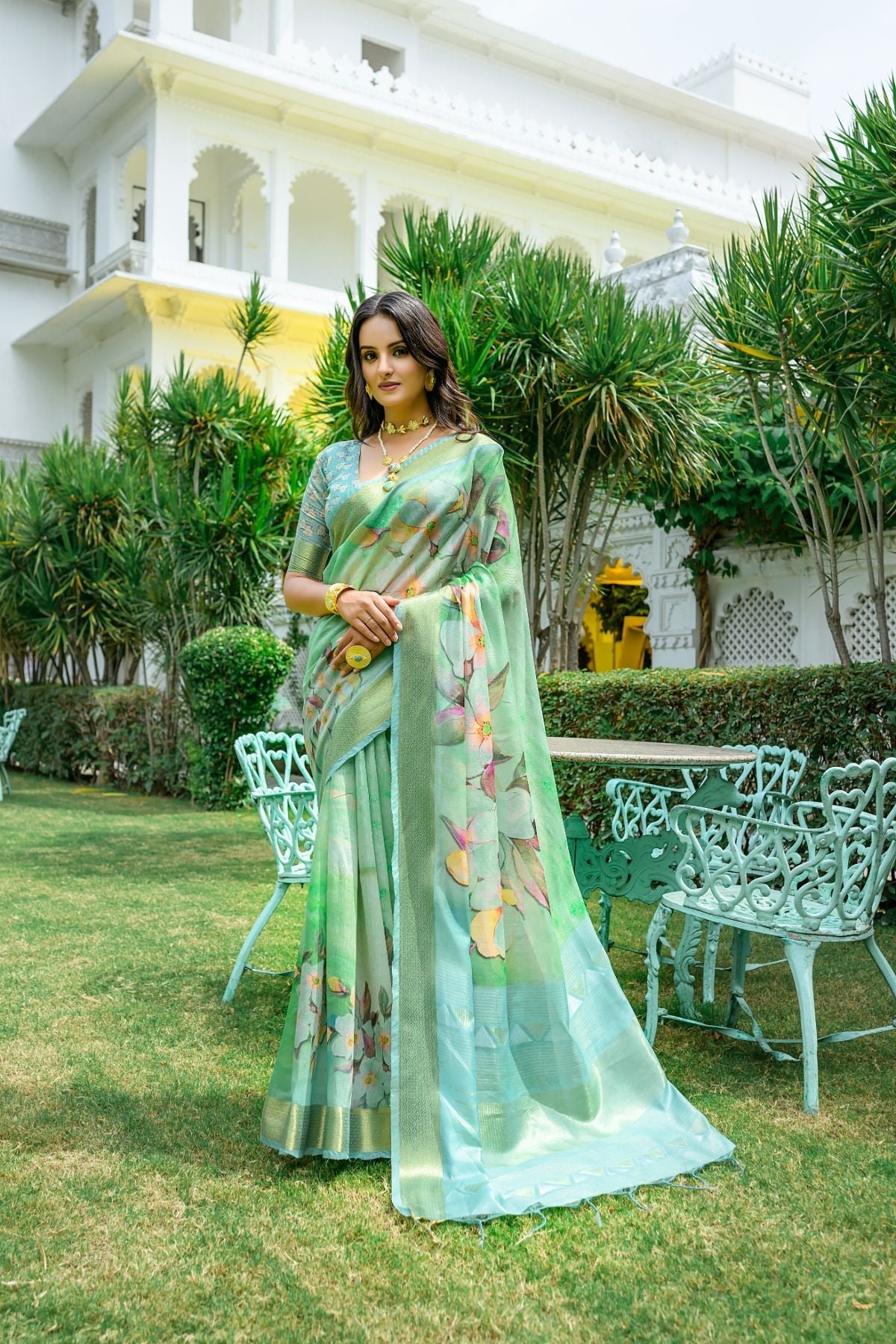 MySilkLove Ocean Green Printed Cotton Saree