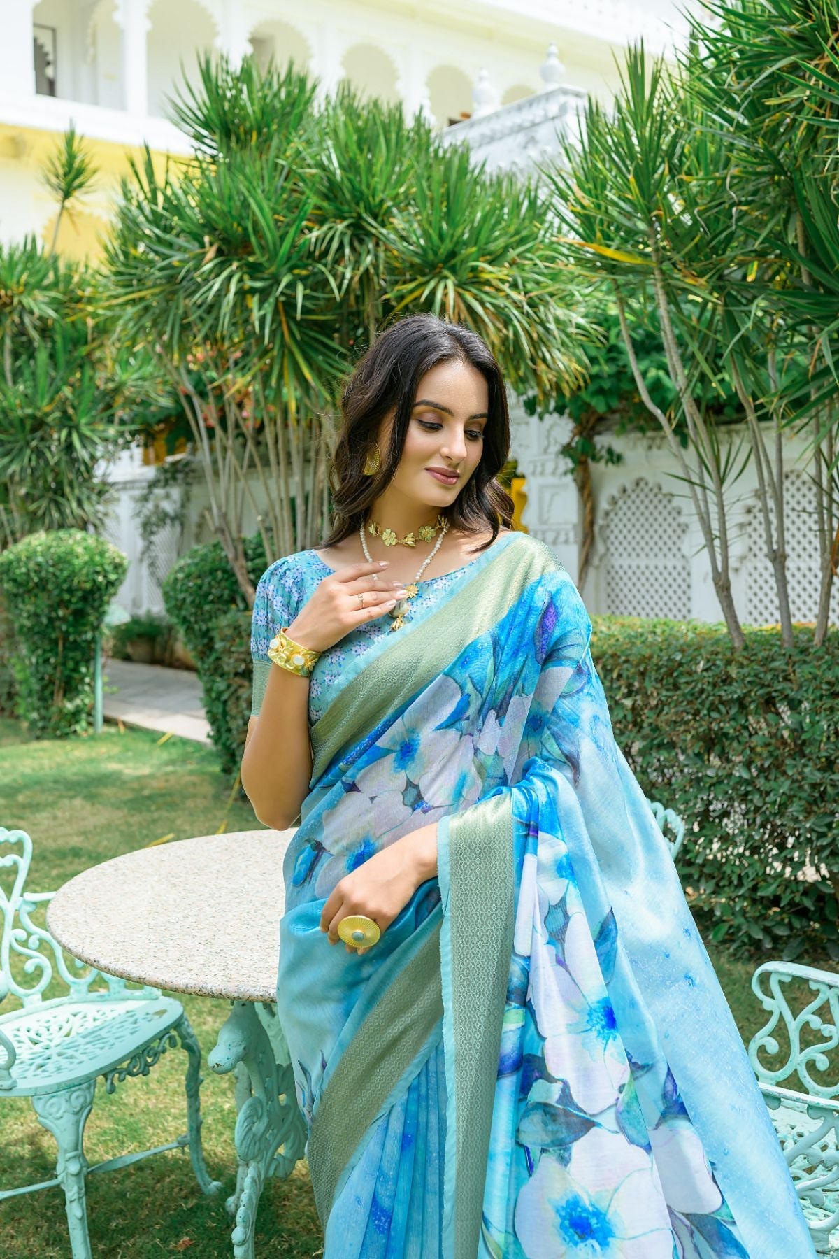 Buy MySilkLove Hippie Blue Printed Cotton Saree Online