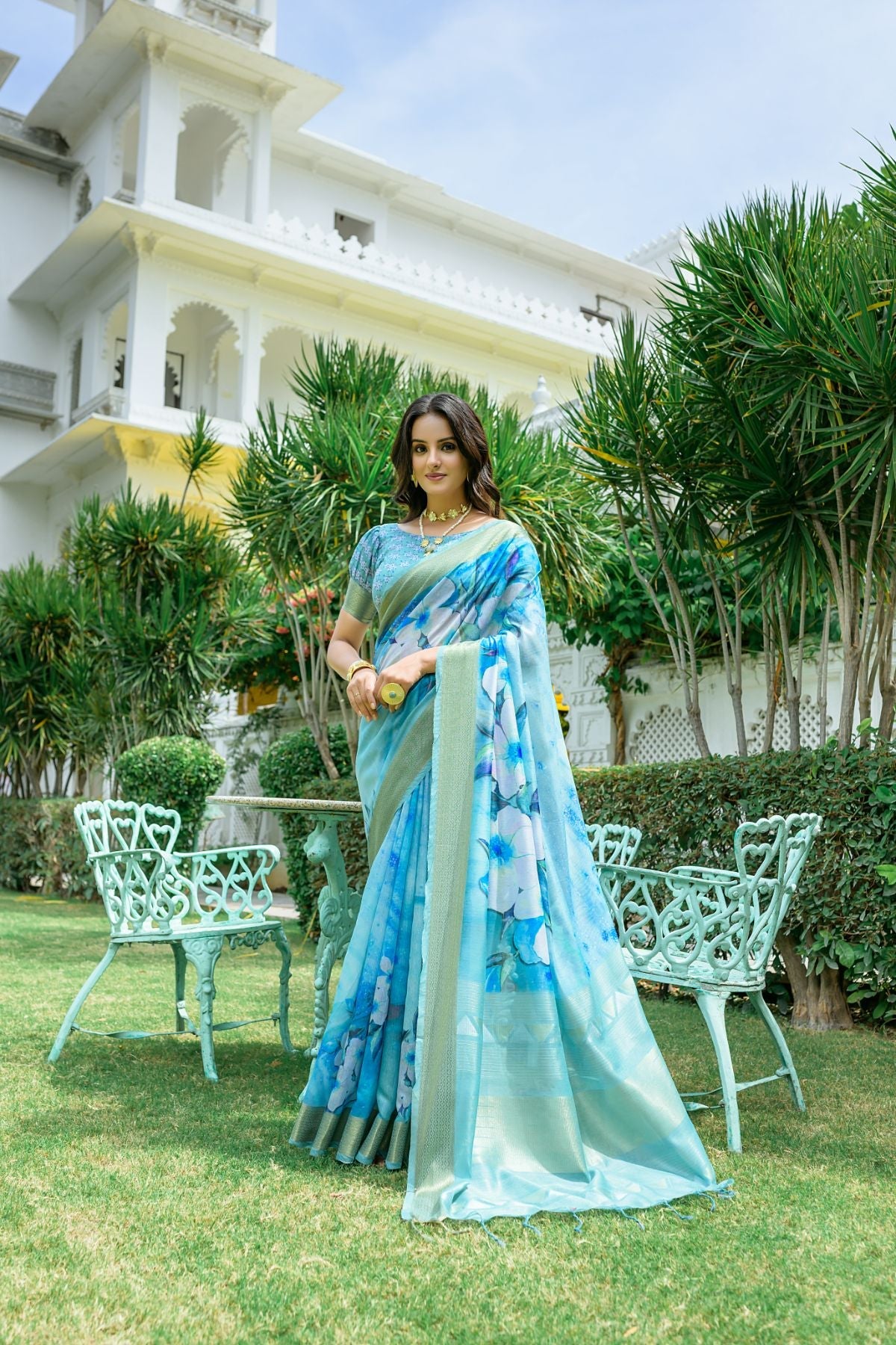 Buy MySilkLove Hippie Blue Printed Cotton Saree Online