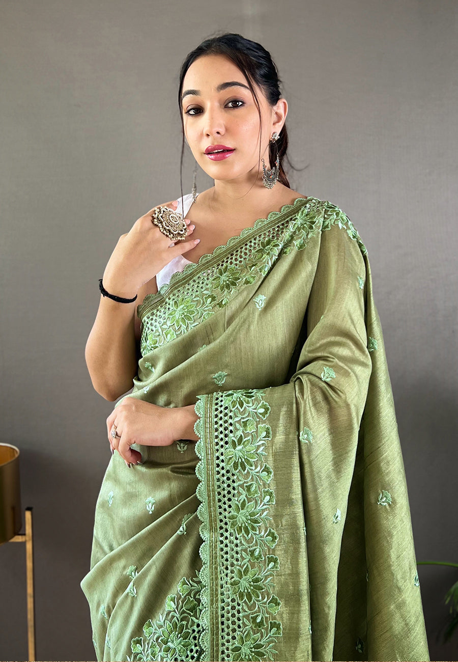 MySilkLove Pine Green Embroidered Tussar Silk Silk Saree