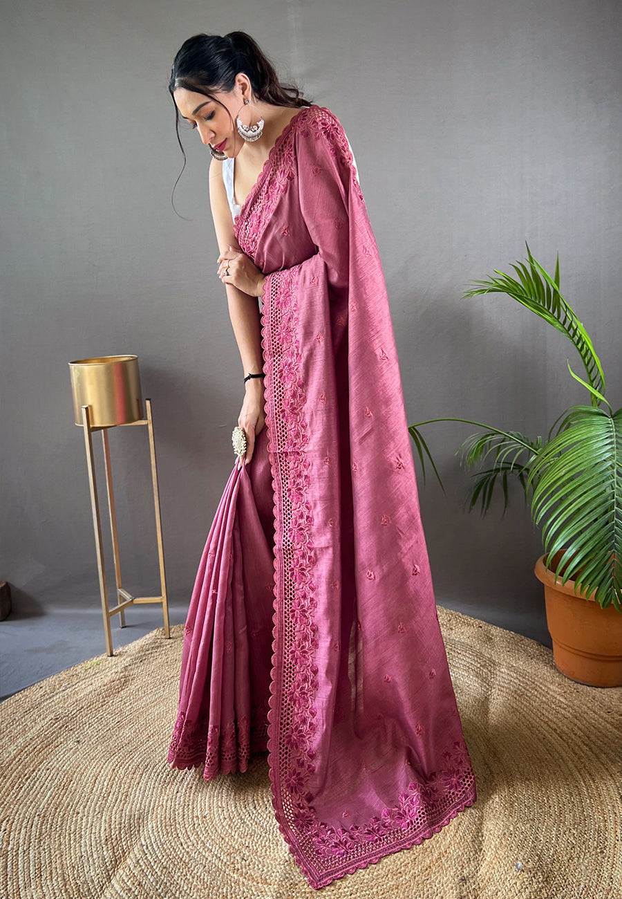 Buy MySilkLove Rose Dust Embroidered Tussar Silk Silk Saree Online