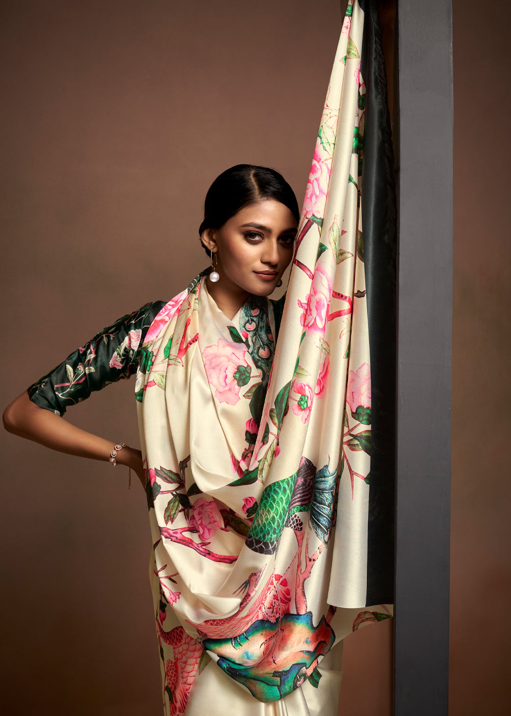 Buy MySilkLove Negroni Cream Printed Satin Silk Saree Online