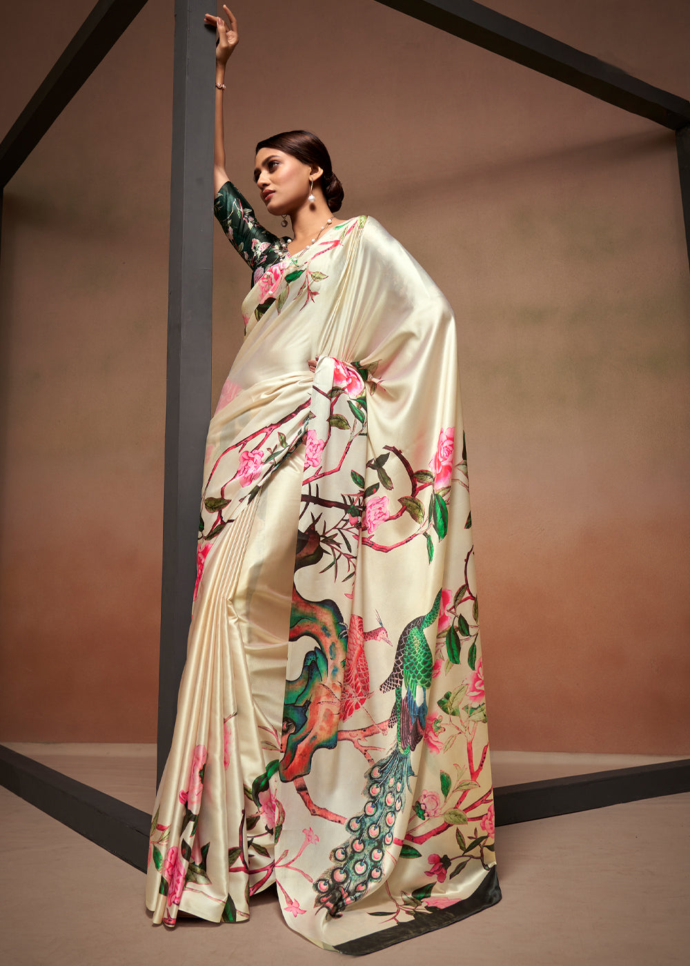 Buy MySilkLove Negroni Cream Printed Satin Silk Saree Online